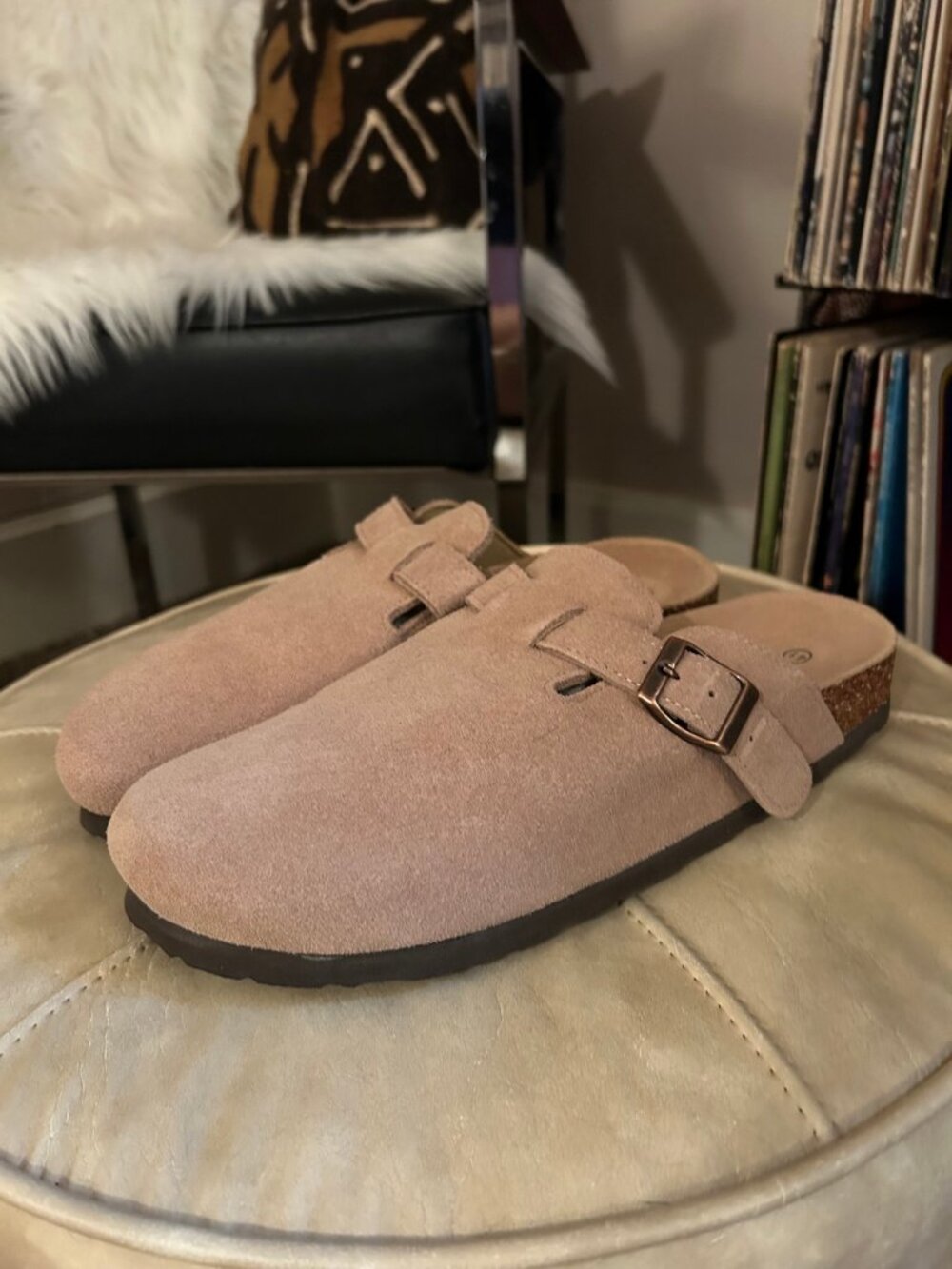 Brand New Qomfort Tan Suede Clogs Cork Footbed